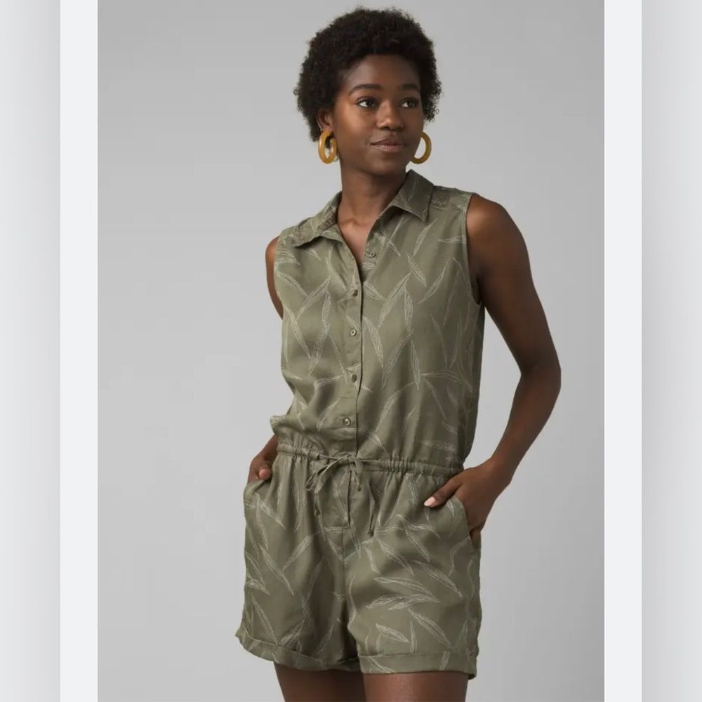 prAna Weekend Escape Romper XS Rye Green Leaves Tencel Lyocell NWT Travel